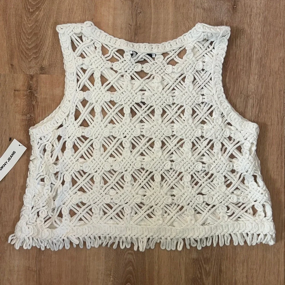 DKNY Jeans Womens Ivory Macrame Crochet Fringe Hem Sleeveless Tank Top Large New
